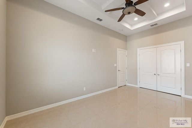 unfurnished bedroom featuring baseboards, visible vents, and recessed lighting