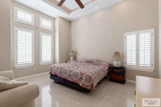 bedroom featuring baseboards, ceiling fan, tile patterned floors, and recessed lighting