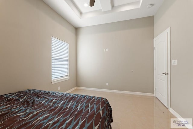 bedroom featuring baseboards, ceiling fan, light tile patterned flooring, and beamed ceiling