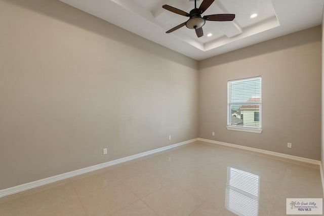 unfurnished room featuring a tray ceiling, a ceiling fan, light tile patterned floors, baseboards, and recessed lighting