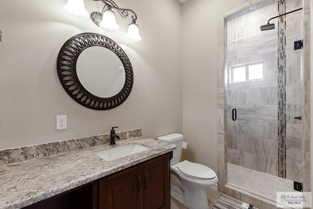 full bathroom featuring vanity, toilet, and a shower stall