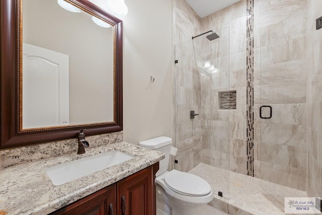 bathroom with toilet, a stall shower, and vanity