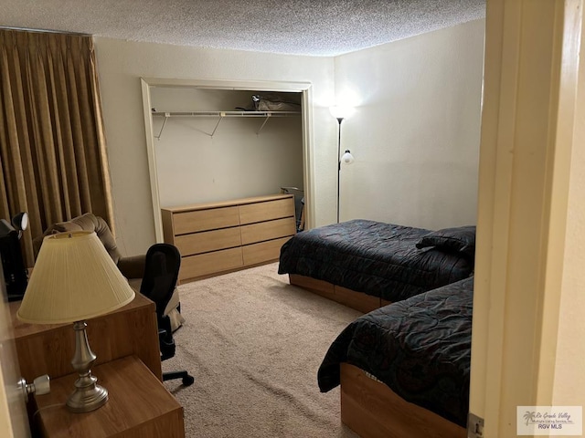 bedroom featuring carpet flooring, a textured ceiling, and a closet