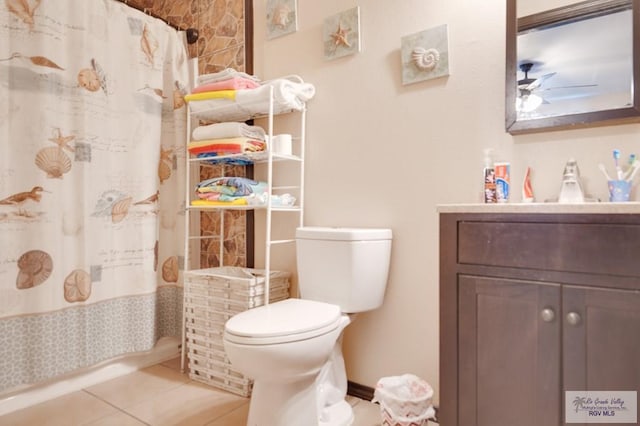 bathroom featuring ceiling fan, walk in shower, tile patterned flooring, toilet, and vanity