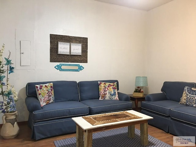 living room with hardwood / wood-style flooring and electric panel