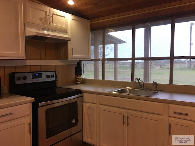 kitchen with wood ceiling, stainless steel range with electric stovetop, and sink