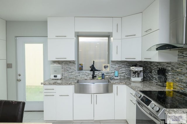 kitchen with white cabinets, sink, extractor fan, and stainless steel electric range