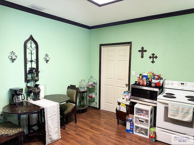 interior space with crown molding and dark wood-type flooring