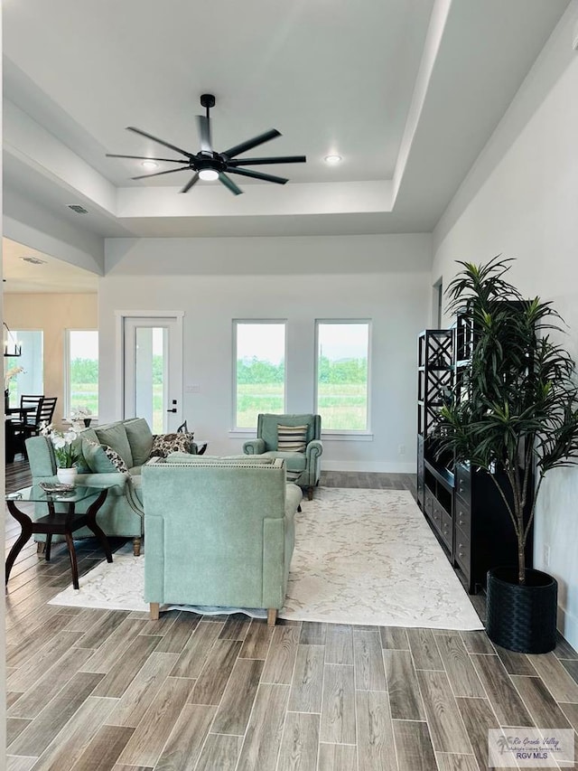 3518 Treasure Hills Blvd, Harlingen, TX 78550 - living area with a tray ceiling, wood tiled floors, and a ceiling fan