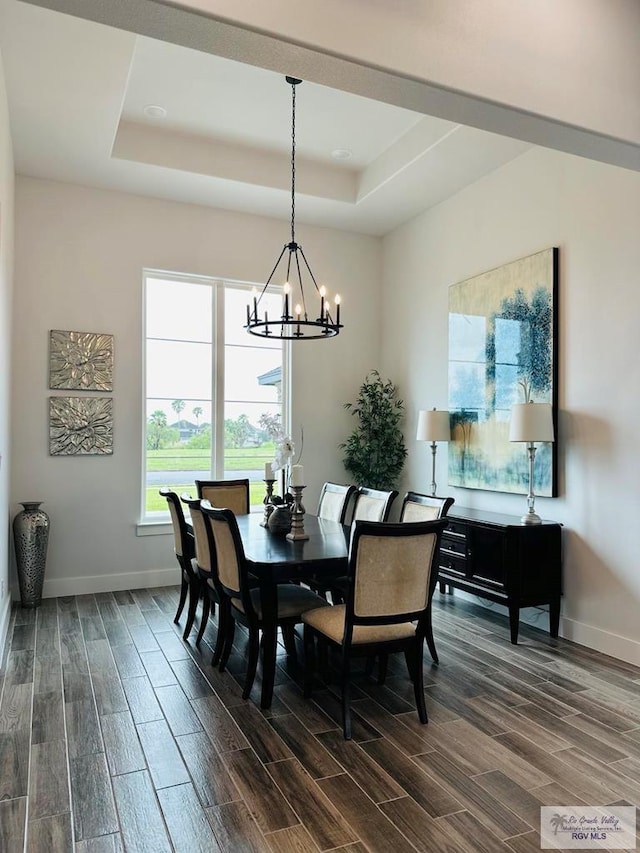 3518 Treasure Hills Blvd, Harlingen, TX 78550 - dining area with a tray ceiling, wood finish floors, and a chandelier