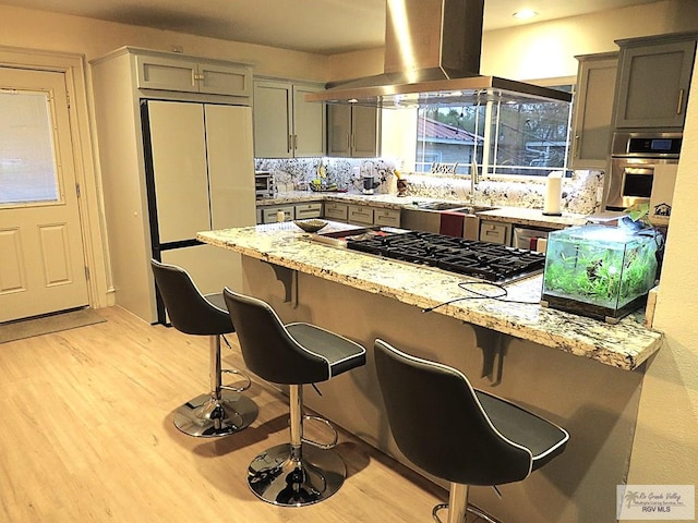 kitchen featuring light stone countertops, stainless steel appliances, island range hood, and sink