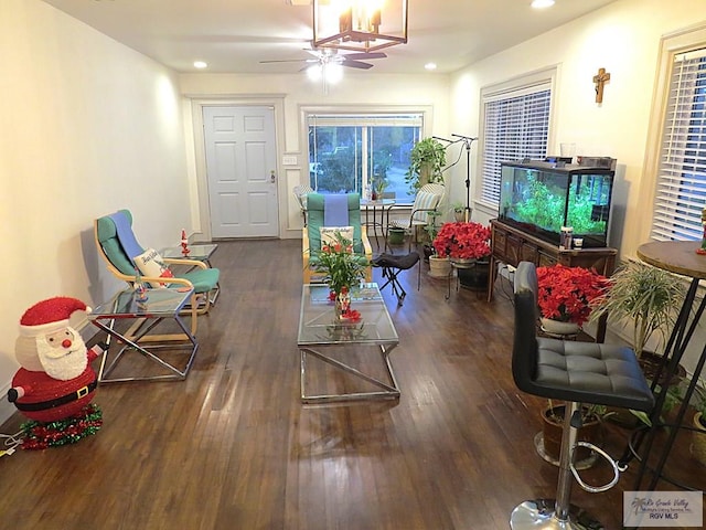 interior space featuring dark hardwood / wood-style floors and ceiling fan