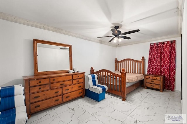 bedroom featuring ceiling fan and ornamental molding