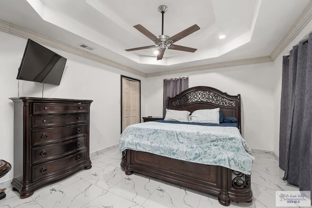 bedroom with a raised ceiling, ceiling fan, and a closet