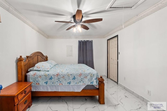 bedroom featuring ceiling fan and ornamental molding