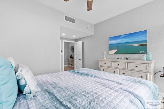 bedroom with a ceiling fan and visible vents