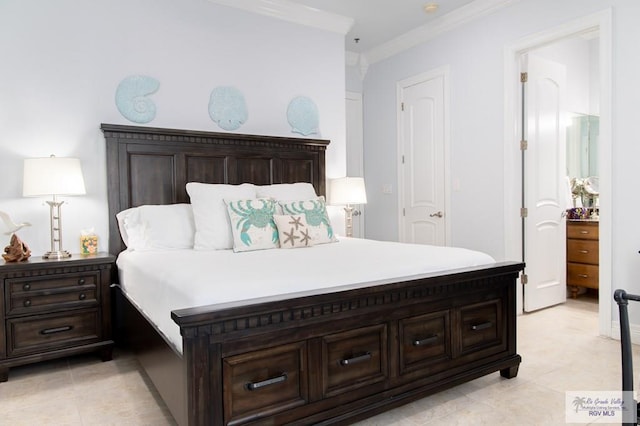 tiled bedroom featuring ornamental molding