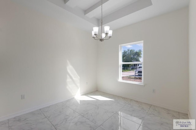 empty room featuring marble finish floor, baseboards, and an inviting chandelier