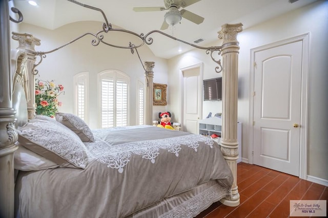 bedroom featuring dark hardwood / wood-style flooring and ceiling fan