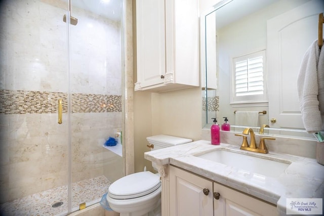 bathroom with vanity, toilet, and a shower with shower door