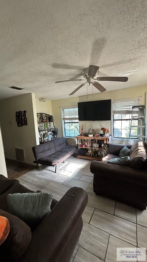 460 E Hicks St, San Benito, TX 78586 - living room with ceiling fan, wood-type flooring, and a textured ceiling