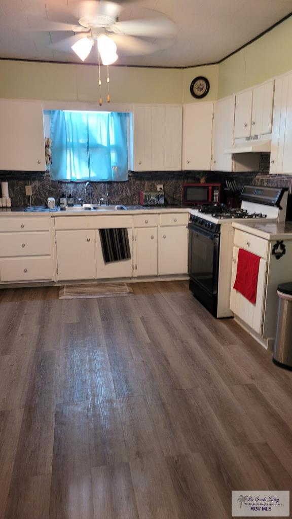 409 E Pine Ave Unit 0, La Feria, TX 78559 - kitchen with gas range oven, under cabinet range hood, ceiling fan, and decorative backsplash