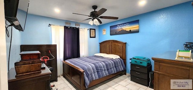bedroom with light tile patterned floors and ceiling fan