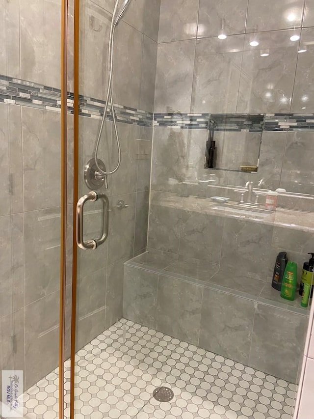 bathroom featuring a shower with shower door