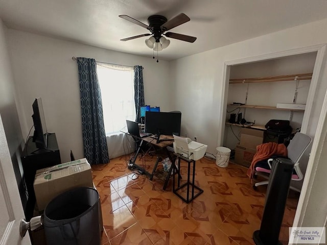 office area featuring ceiling fan and light tile patterned flooring