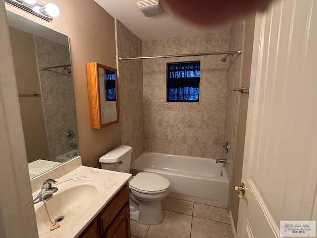 full bathroom featuring tiled shower / bath combo, vanity, tile patterned floors, and toilet