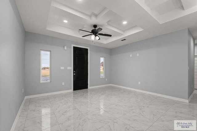 unfurnished room featuring ceiling fan, recessed lighting, visible vents, baseboards, and marble finish floor