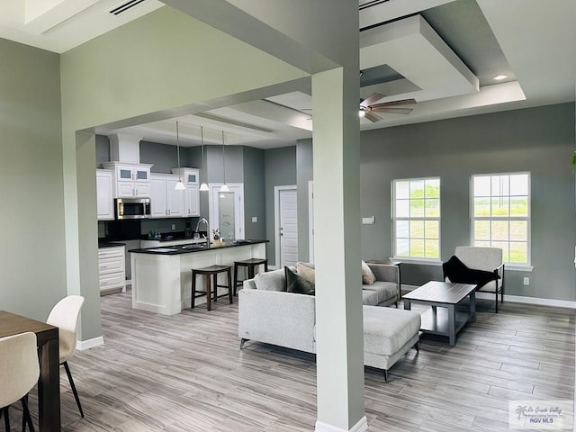 living room with light hardwood / wood-style floors and ceiling fan