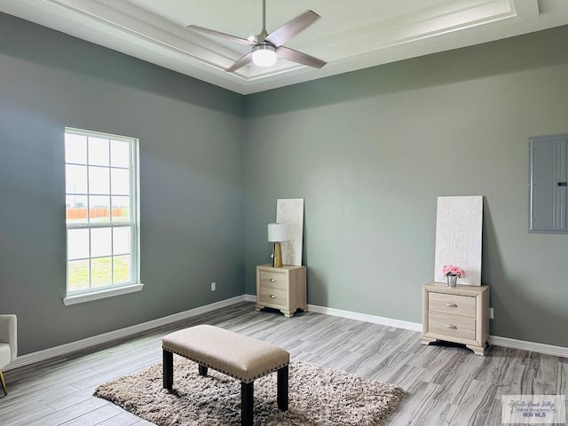 sitting room featuring ceiling fan, light hardwood / wood-style floors, and electric panel