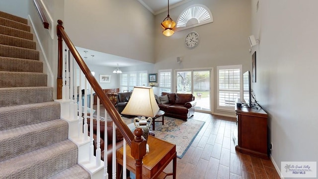 interior space featuring a chandelier, wood-type flooring, ornamental molding, and a high ceiling