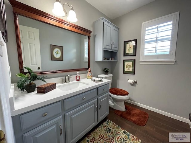 bathroom with toilet, vanity, and hardwood / wood-style flooring