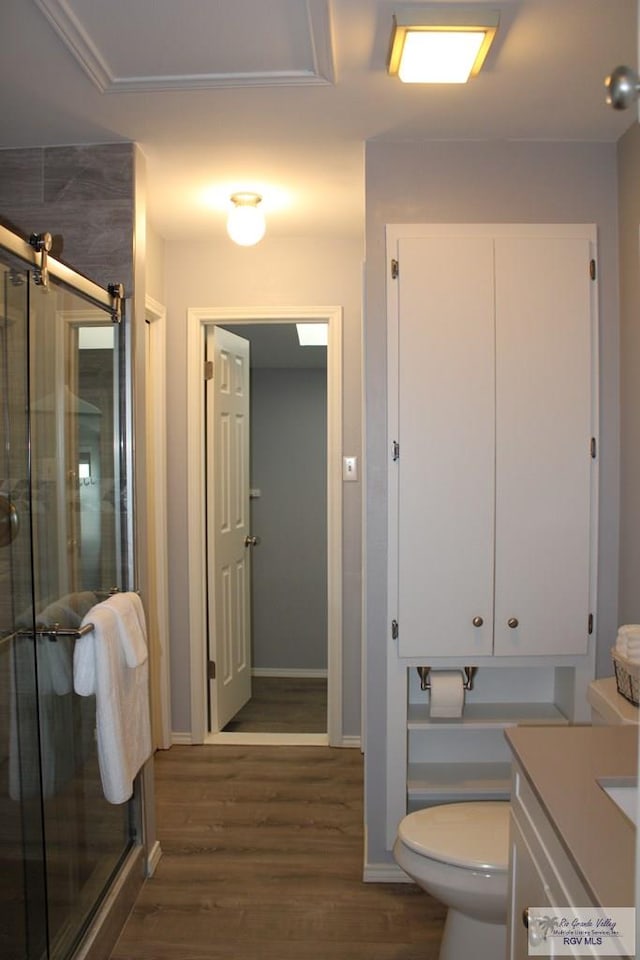 bathroom with hardwood / wood-style flooring, vanity, and a shower with shower door