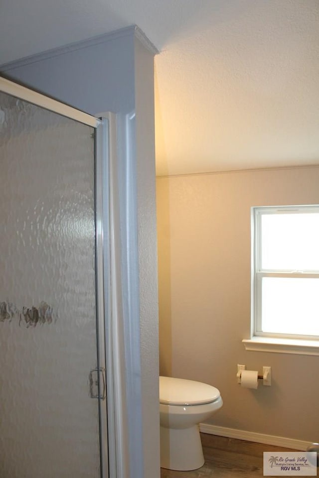 bathroom featuring toilet, a shower with shower door, and hardwood / wood-style floors