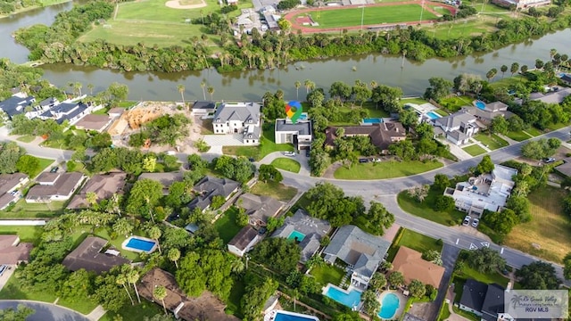 aerial view featuring a water view