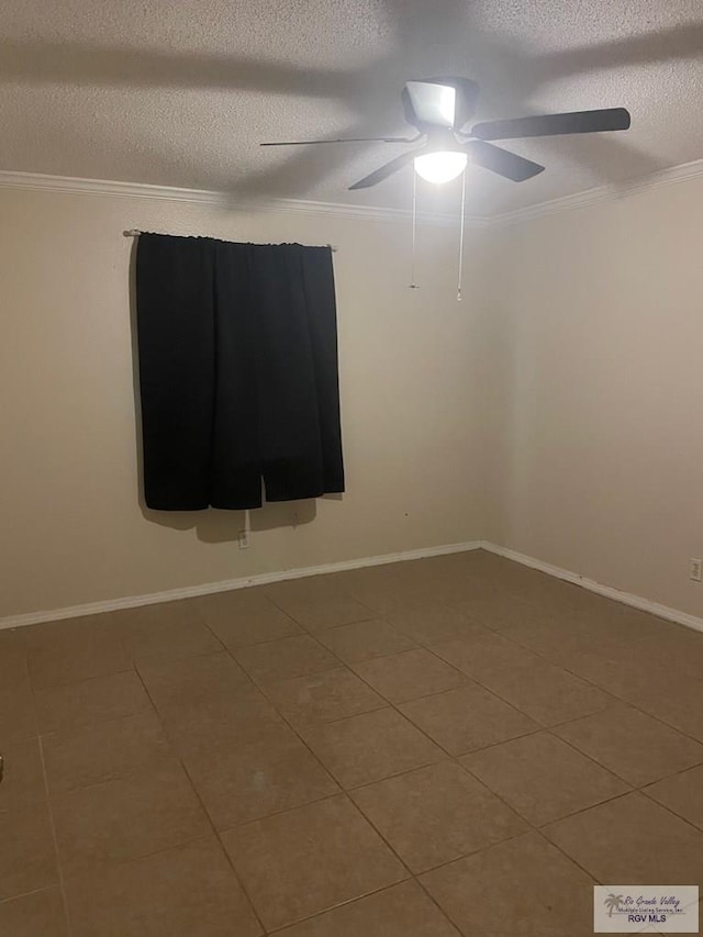 2402 Ed Carey Dr Unit 33, Harlingen, TX 78550 - tiled spare room featuring a textured ceiling, ornamental molding, and ceiling fan