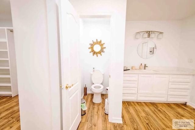 bathroom featuring toilet, wood-type flooring, and vanity