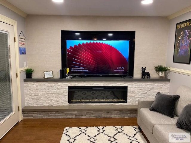 living room featuring a fireplace