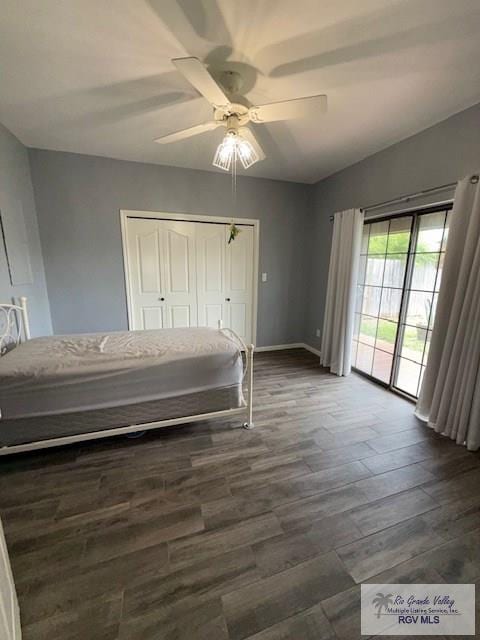 201 Terrace Ln, Harlingen, TX 78550 - bedroom featuring dark wood-style floors, baseboards, ceiling fan, a closet, and access to exterior