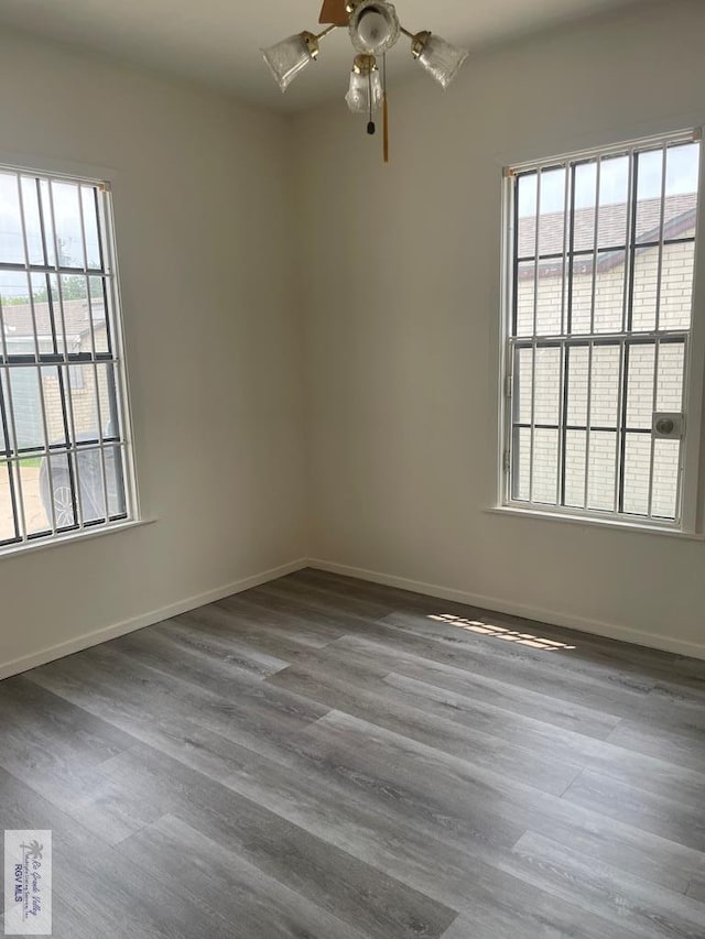 unfurnished room with wood-type flooring, ceiling fan, and a healthy amount of sunlight