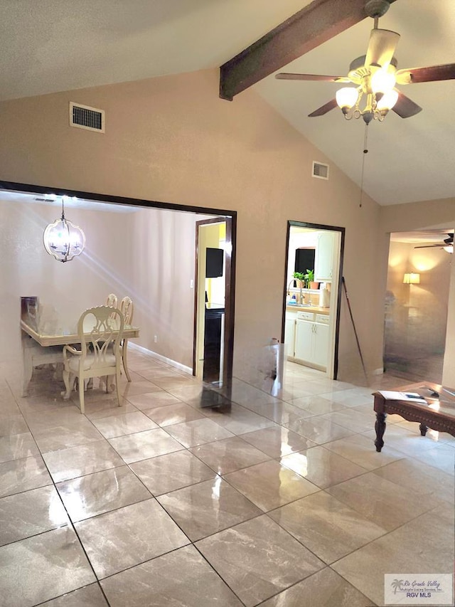 480 Madrid Ct, San Benito, TX 78586 - interior space featuring a ceiling fan, light marble finish flooring, high vaulted ceiling, beamed ceiling, and baseboards