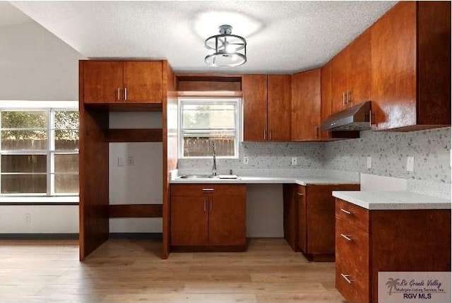 kitchen with light wood-style flooring, brown cabinets, under cabinet range hood, and a sink