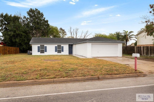 ranch-style house with concrete driveway, a front yard, fence, and a garage