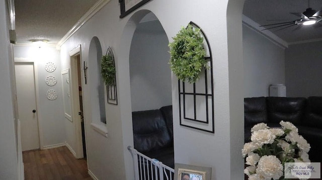 hallway featuring crown molding, hardwood / wood-style floors, and a textured ceiling