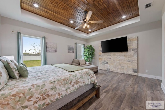 bedroom with wood ceiling, a raised ceiling, visible vents, and wood finished floors