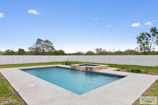 view of swimming pool featuring a fenced backyard and a pool with connected hot tub