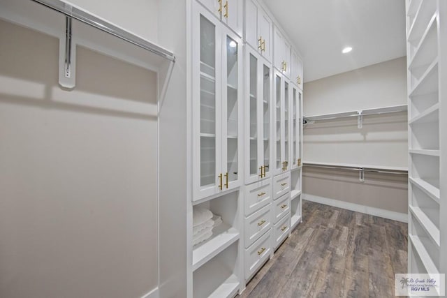 spacious closet with dark wood finished floors